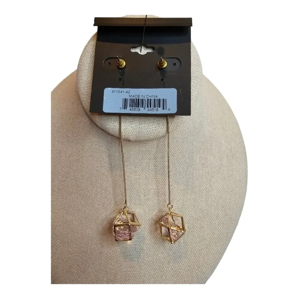 Guess Los Angeles  Gold Toned Long Geometric Cage w/ Floating Pink Crystal
